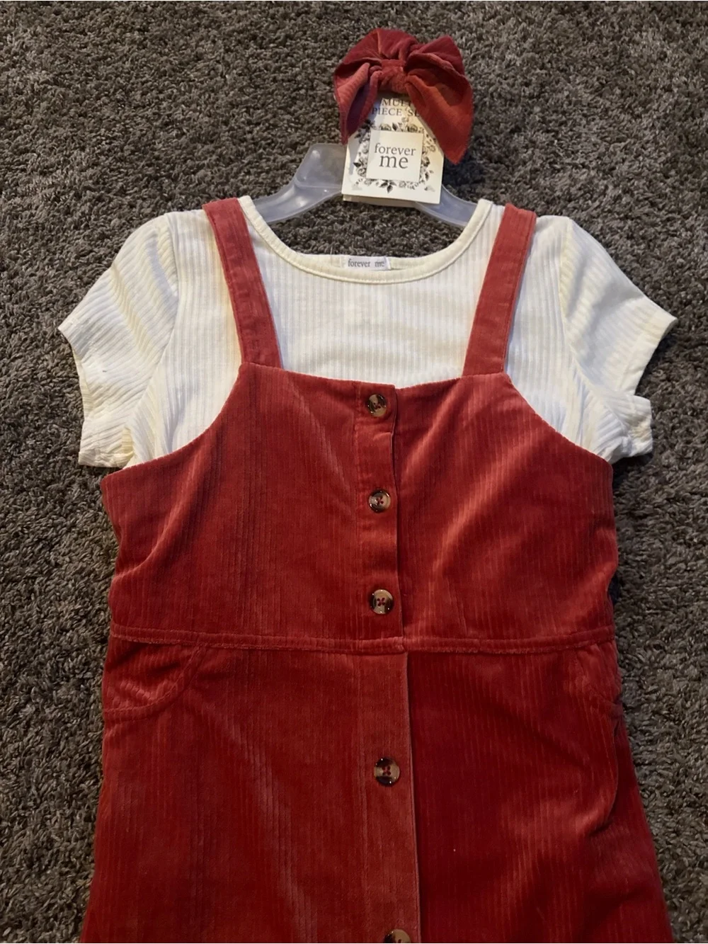Forever Me Rust Corduroy Button-Front Pinafore Dress with Cream Tee
